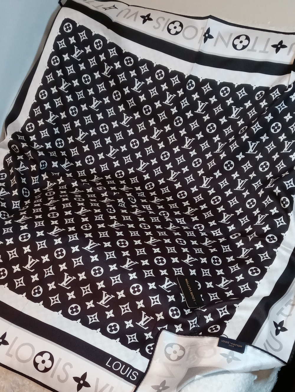 Louis Vuitton Black & White Monogram Silk Scarf